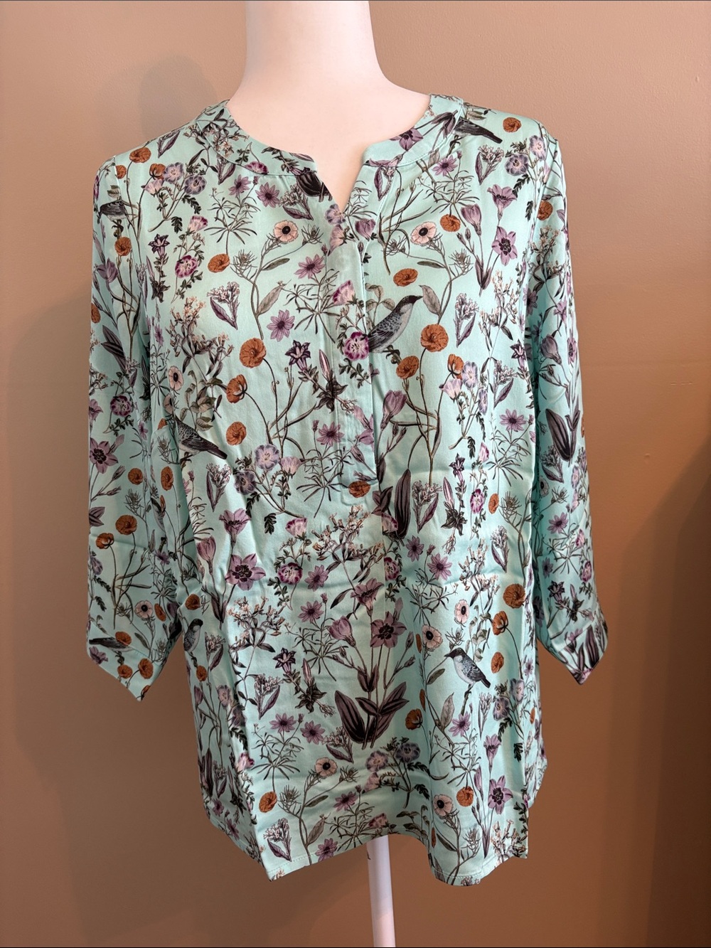 J. Jill Mint Green Floral & Bird Print Tunic Top